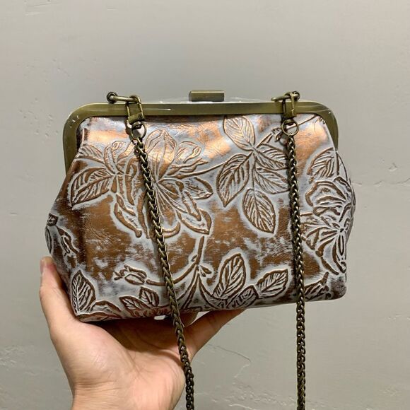 Handmade Genuine Leather Floral Embossed, Push-lock Clutch/Crossbody & 2 Straps - Picture 1 of 13